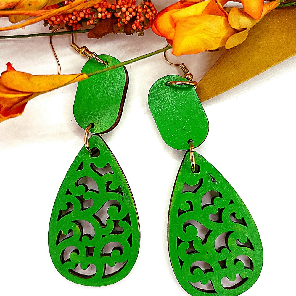 Green Wooden Earrings,Handpainted Artisan,aprox. 3 inch dangle